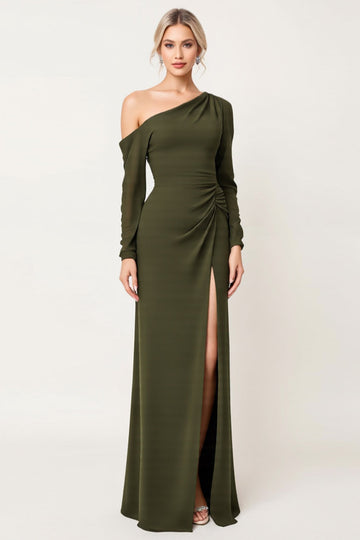 Olive Sheath Long Sleeve Bridesmaid Dress With Slit